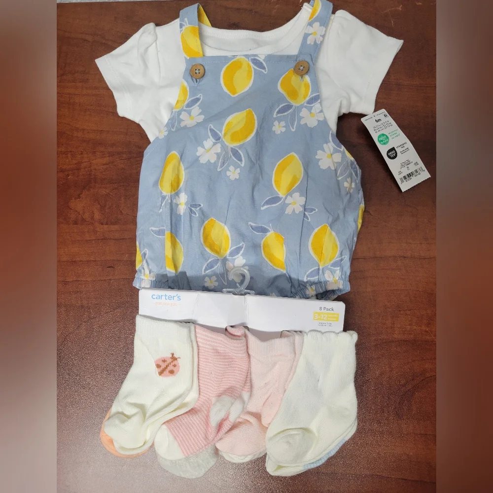 Carter's Blue Lemon Print Romper with Colorful Socks 6 Months